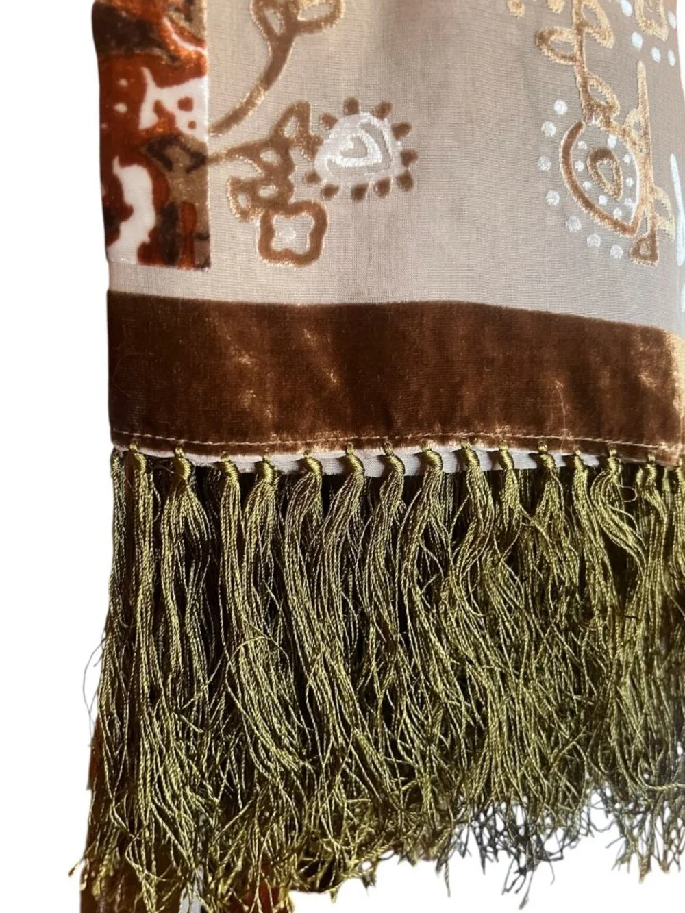 Velvet Burnout Scarf With Fringe -Brown Green Taupe Rust Cream -80